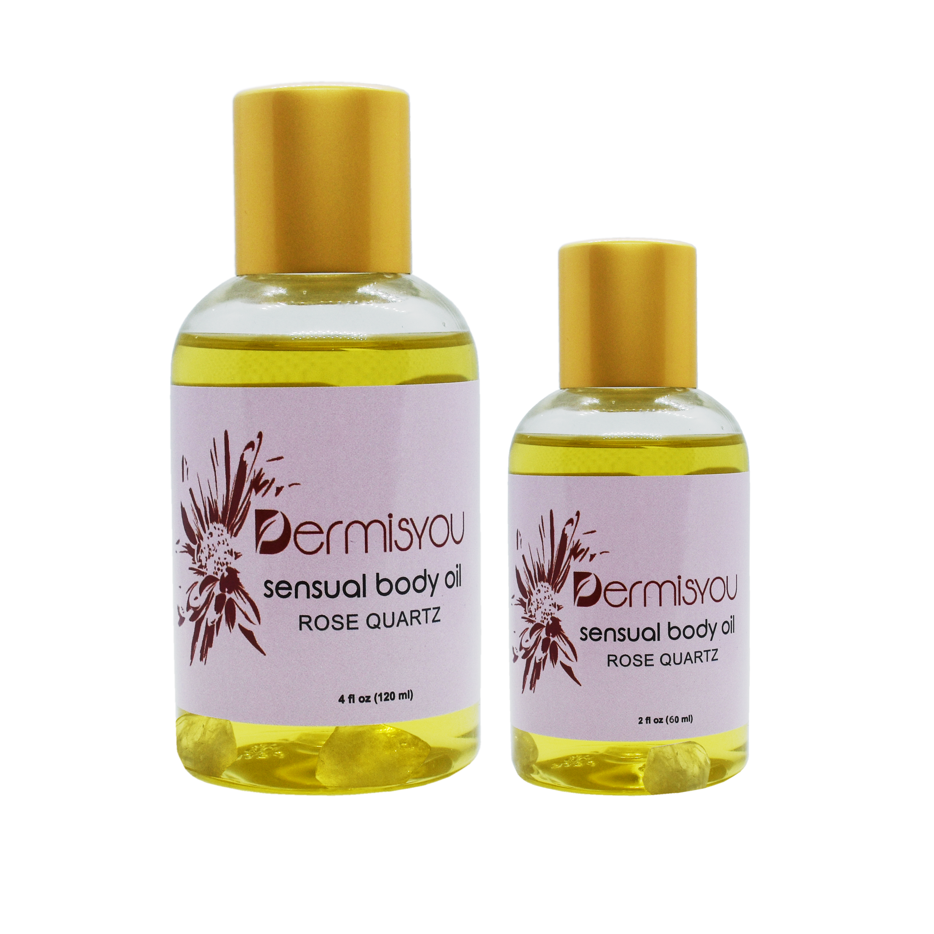 Cupid Moisture Body Oil bottle with Rose Quartz crystals, showcasing its elegant design and natural ingredients.