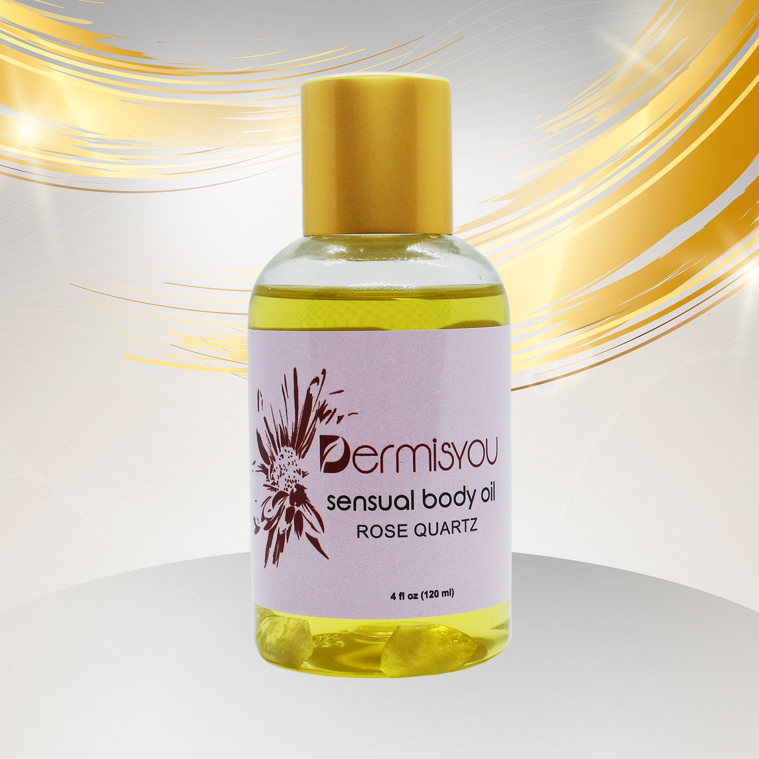 Cupid Moisture Body Oil bottle with Rose Quartz crystals, showcasing its elegant design and natural ingredients.