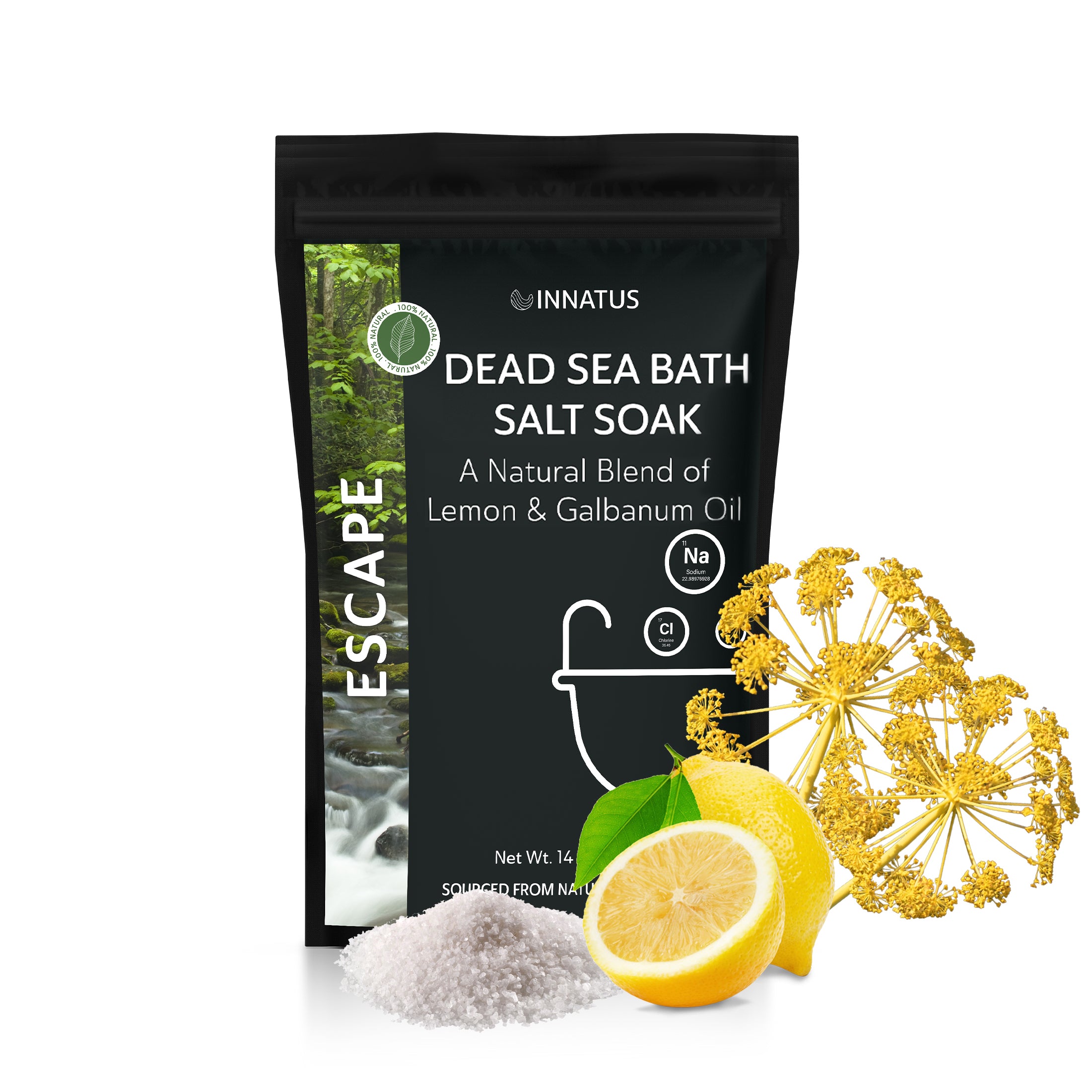 A soothing bath scene featuring Dead Sea Escape Bath Salt Soak with 21 minerals, showcasing the product packaging and a serene bath setting.