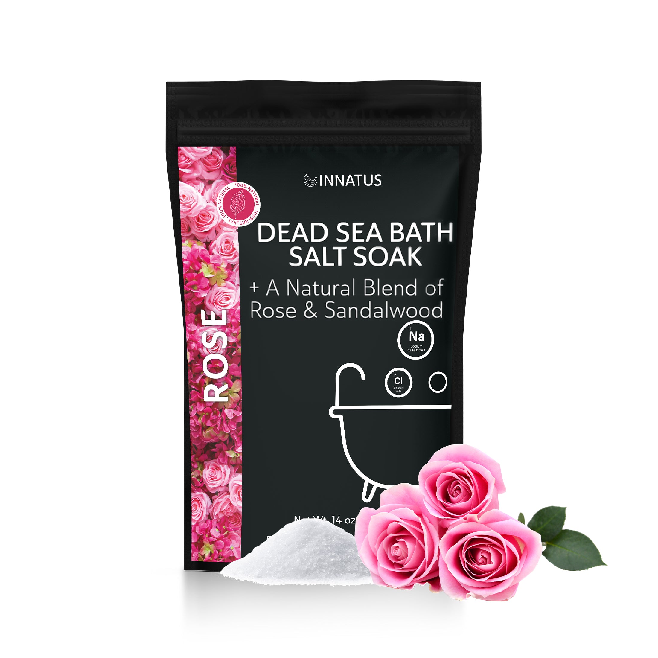 A pouch of Dead Sea Rose Bath Salt Soak with 21 minerals, showcasing its natural ingredients and therapeutic properties.