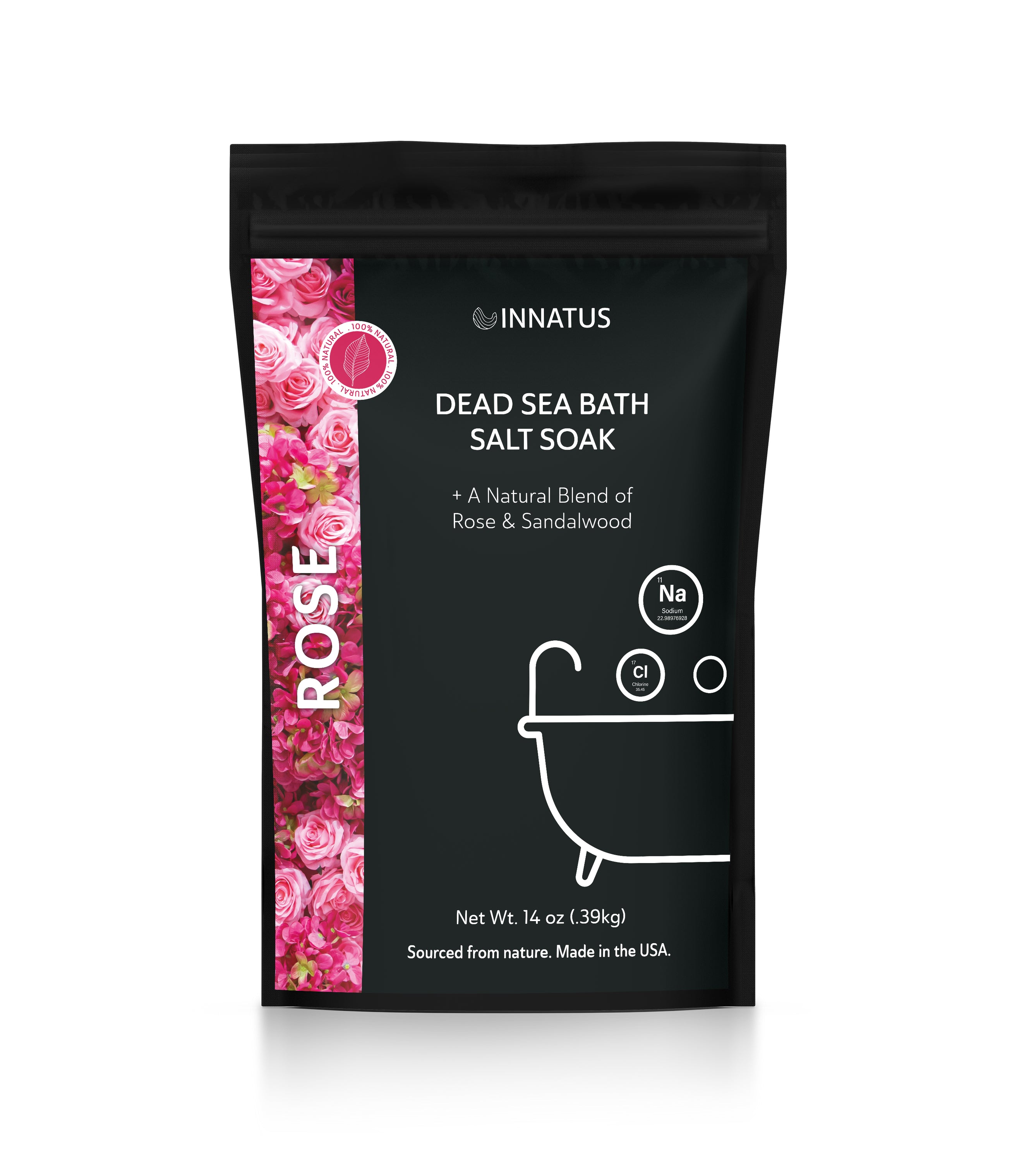 A pouch of Dead Sea Rose Bath Salt Soak with 21 minerals, showcasing its natural ingredients and therapeutic properties.