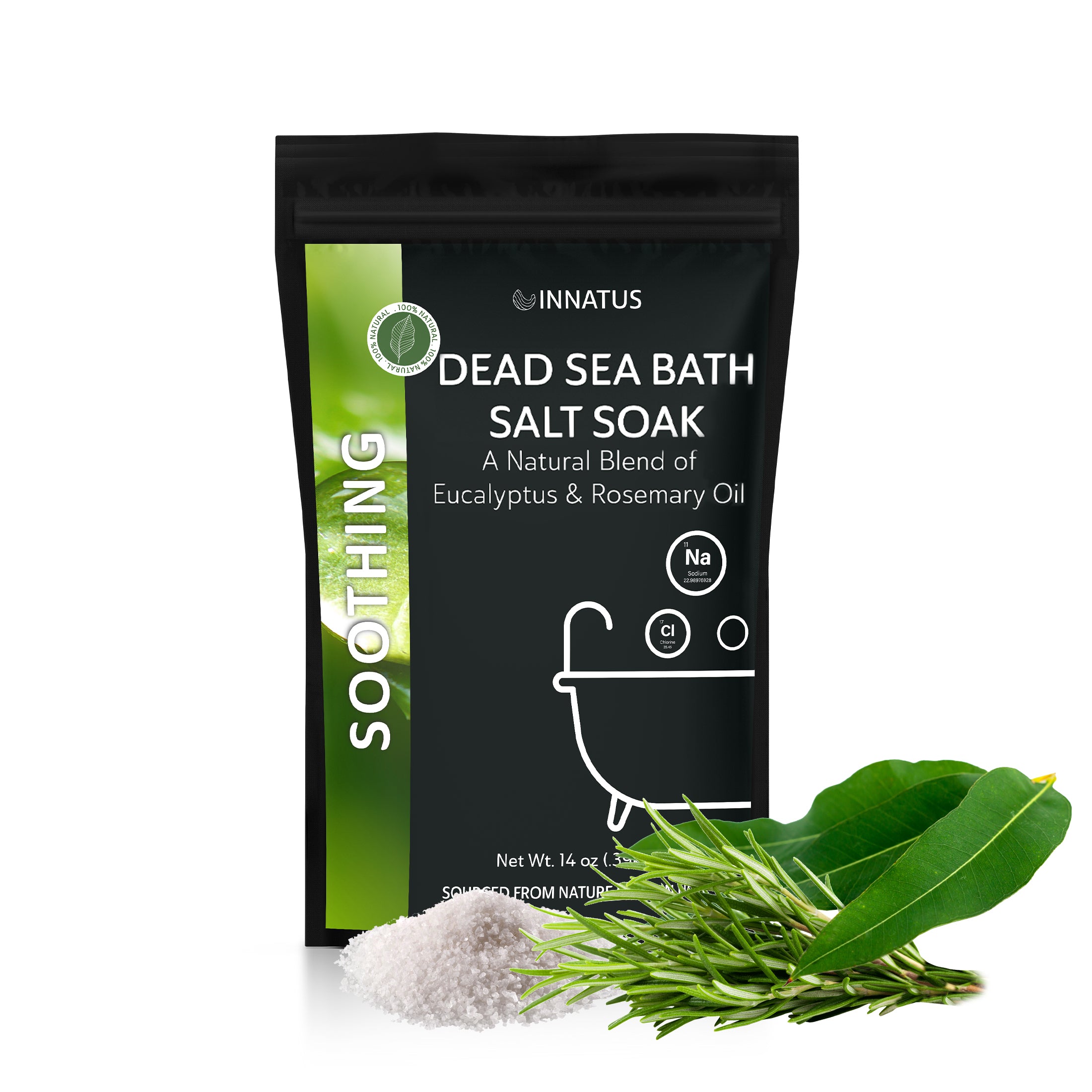 A soothing bath salt soak made from Dead Sea salt, featuring a blend of 21 minerals and essential oils for relaxation and skin nourishment.