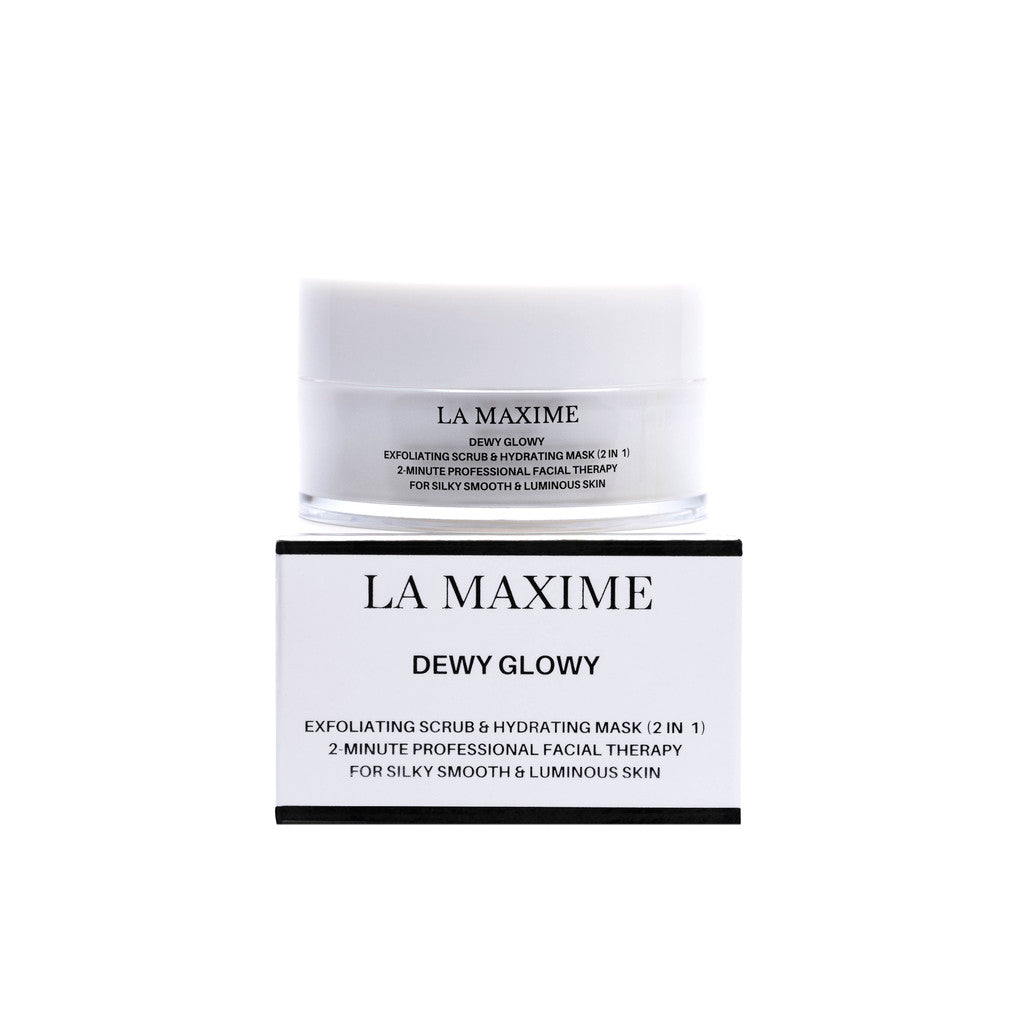 La Maxime Dewy Glowy Exfoliating Scrub & Hydrating Mask in a jar, showcasing its creamy texture and natural ingredients.