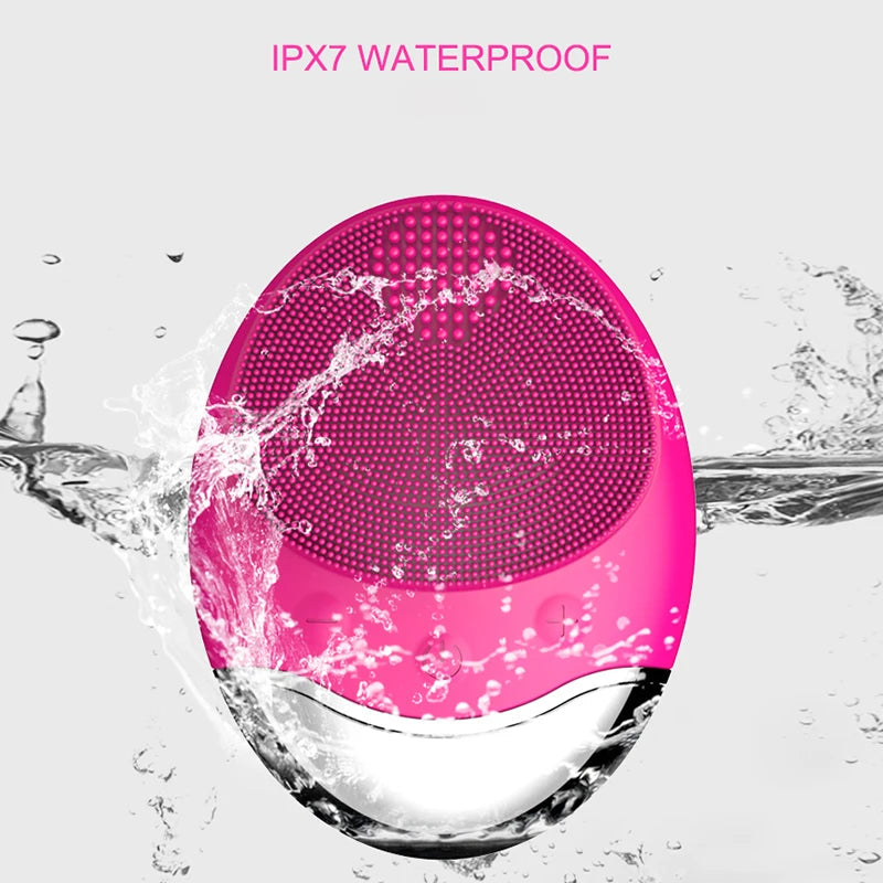 Electric Face Cleaner Sonic Silicone Facial Cleansing Brush in pink color with bamboo charcoal bristles, showcasing its sleek design and features.