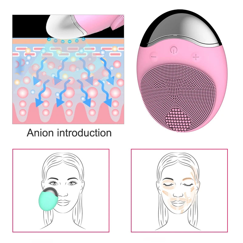 Electric Face Cleaner Sonic Silicone Facial Cleansing Brush in pink color with bamboo charcoal bristles, showcasing its sleek design and features.