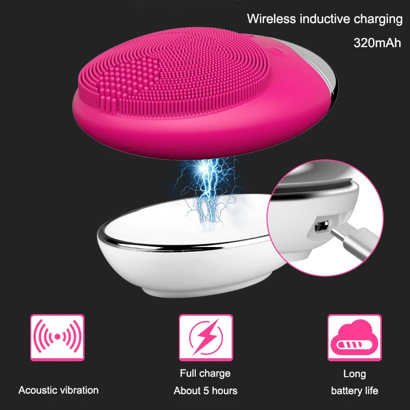 Electric Face Cleaner Sonic Silicone Facial Cleansing Brush in pink color with bamboo charcoal bristles, showcasing its sleek design and features.