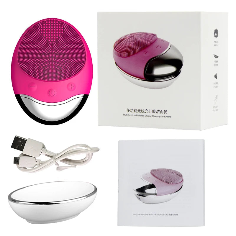 Electric Face Cleaner Sonic Silicone Facial Cleansing Brush in pink color with bamboo charcoal bristles, showcasing its sleek design and features.