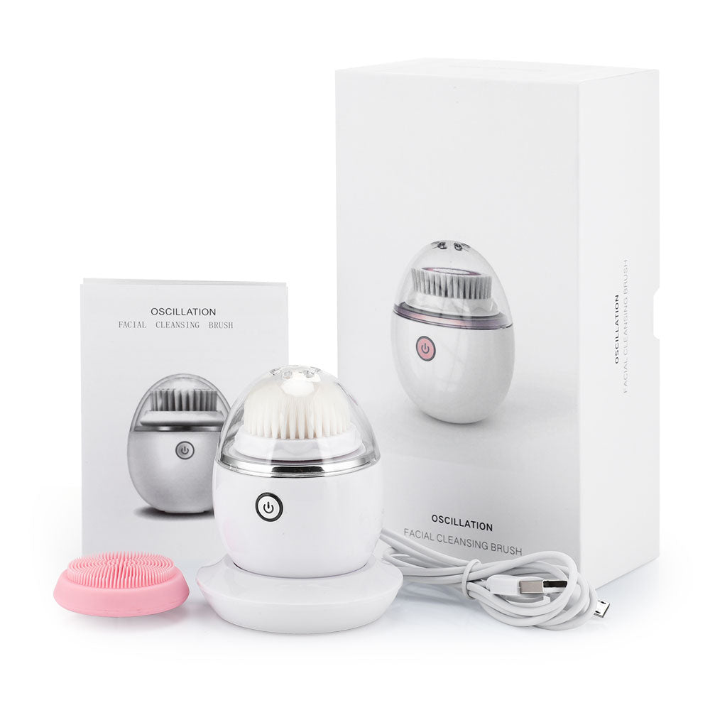 Electric Face Cleansing Brush in white color, showcasing its ergonomic design and waterproof features, ideal for deep facial cleansing.