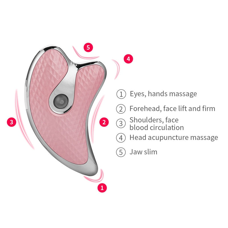 Electric Face Scraping Massage device in white and pink, designed for wrinkle removal and skin lifting with ergonomic shape and LED light modes.