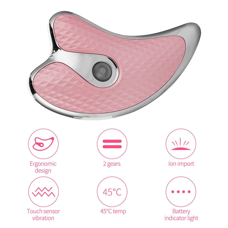 Electric Face Scraping Massage device in white and pink, designed for wrinkle removal and skin lifting with ergonomic shape and LED light modes.
