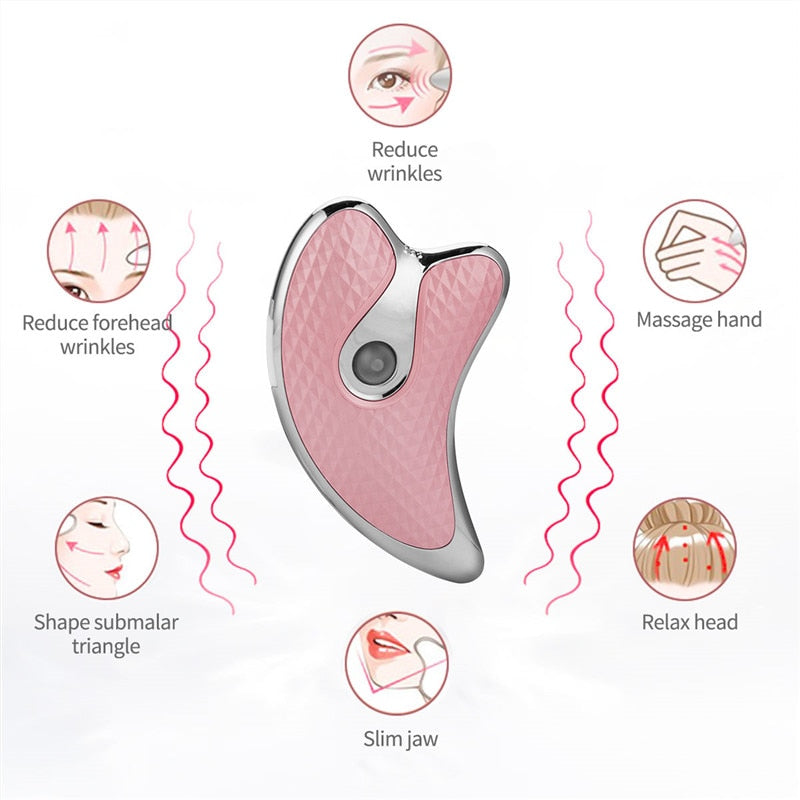 Electric Face Scraping Massage device in white and pink, designed for wrinkle removal and skin lifting with ergonomic shape and LED light modes.