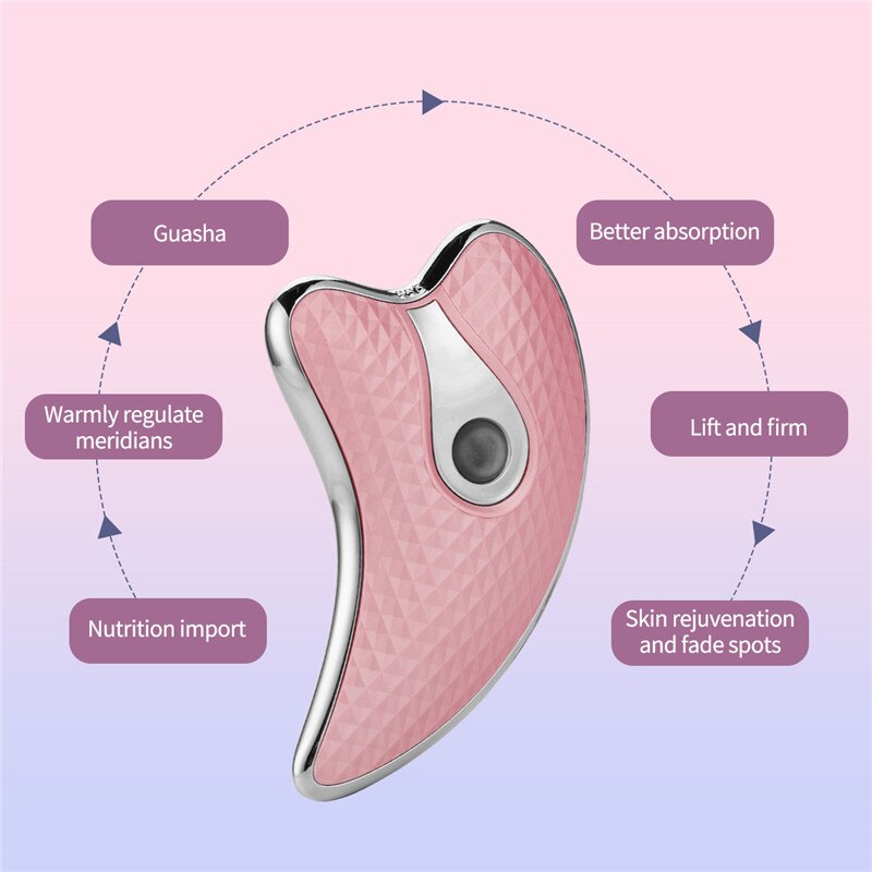 Electric Face Scraping Massage device in white and pink, designed for wrinkle removal and skin lifting with ergonomic shape and LED light modes.