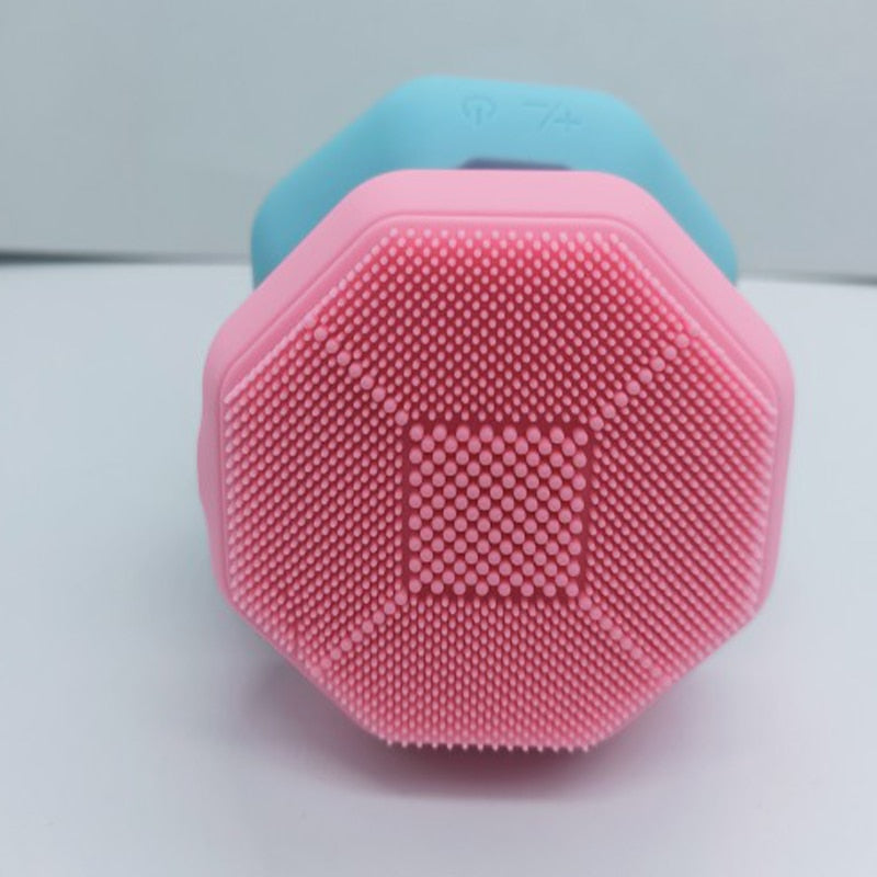 Electric Facial Cleansing Brush in Rose Red with EMS and LED features for skin tightening and rejuvenation, showcasing its sleek design and compact size.