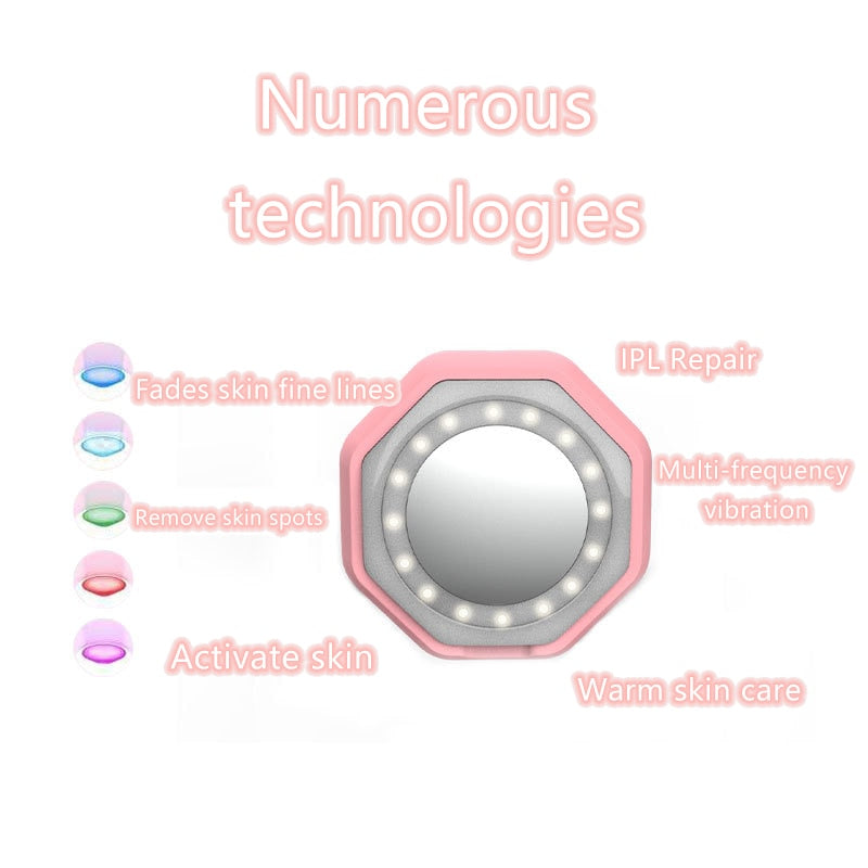 Electric Facial Cleansing Brush in Rose Red with EMS and LED features for skin tightening and rejuvenation, showcasing its sleek design and compact size.