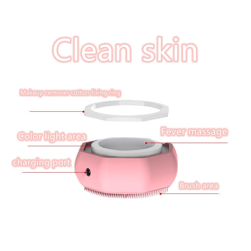 Electric Facial Cleansing Brush in Rose Red with EMS and LED features for skin tightening and rejuvenation, showcasing its sleek design and compact size.