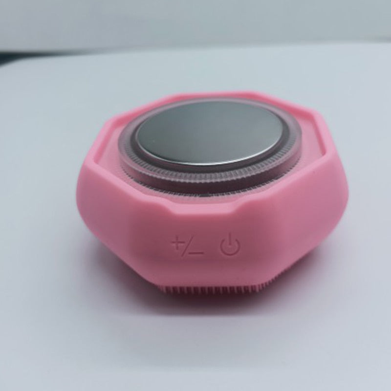 Electric Facial Cleansing Brush in Rose Red with EMS and LED features for skin tightening and rejuvenation, showcasing its sleek design and compact size.