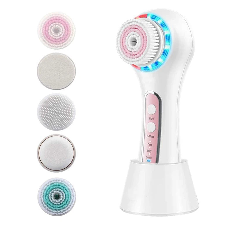 Electric Facial Cleansing Brush with LED technology, featuring multiple brush heads and a sleek design, ideal for deep cleansing and skincare.