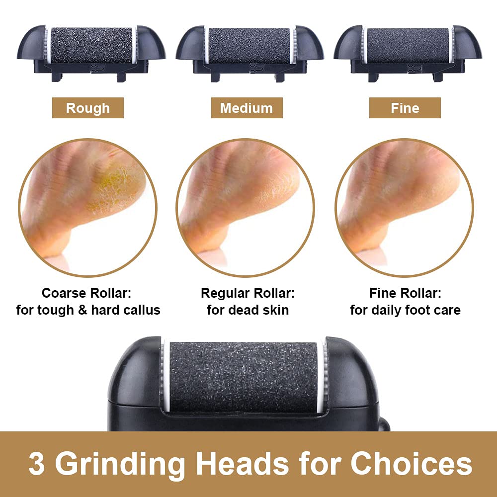 Electric foot file with multiple grinding heads and accessories for pedicure.