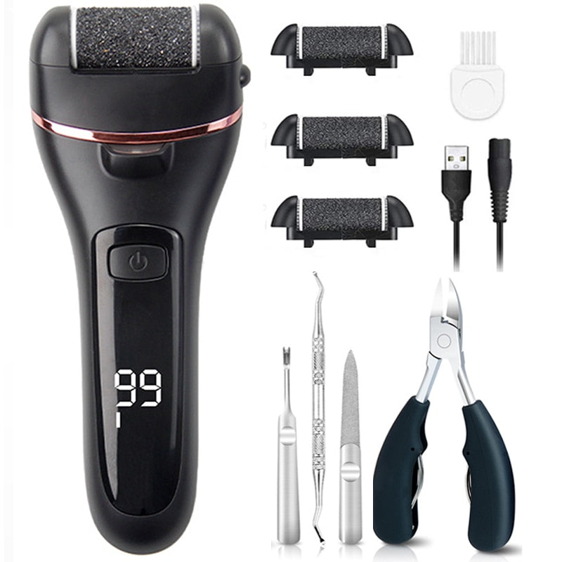Electric foot file with multiple grinding heads and accessories for pedicure.