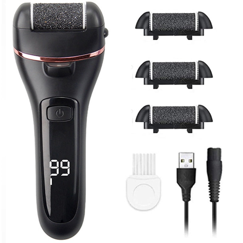 Electric Foot File for heels, featuring a sleek design and multiple grinding heads for effective pedicure.