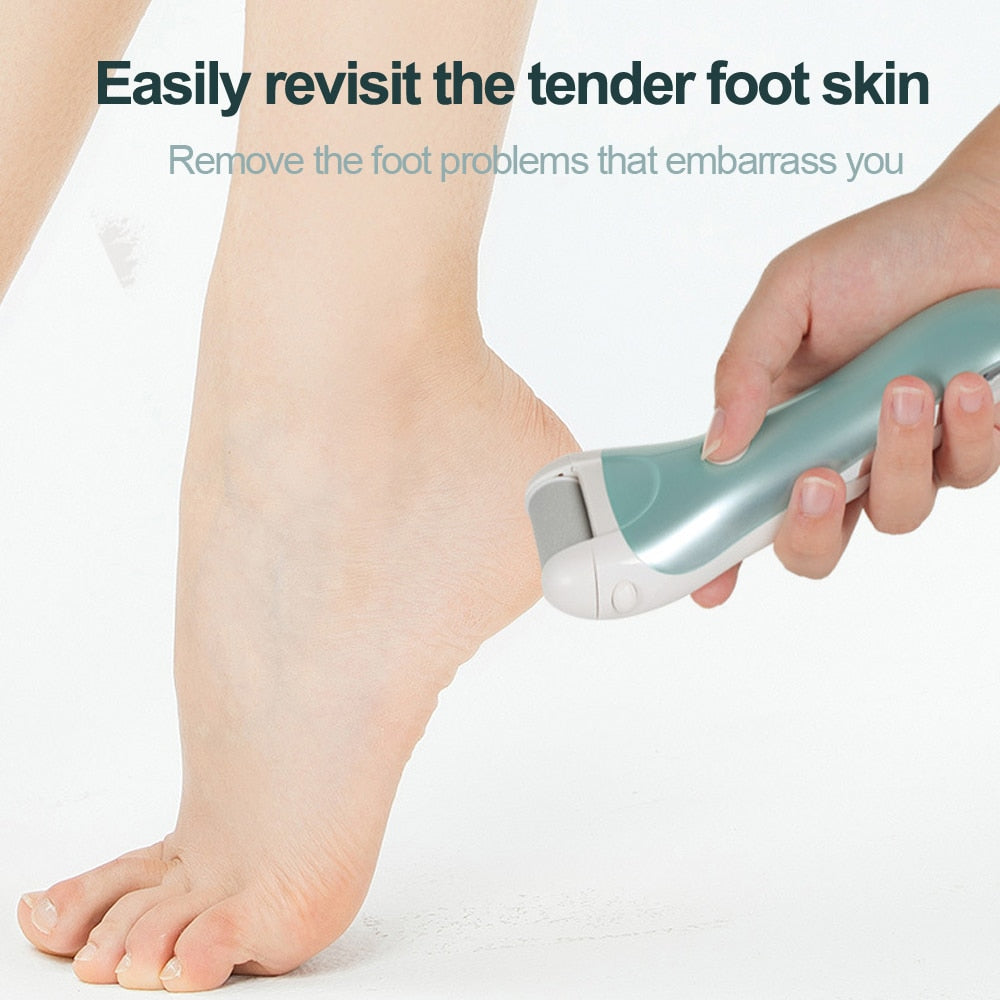 Electric Foot File in Gold color with USB charging cable and grinding heads, designed for effective pedicure and callus removal.