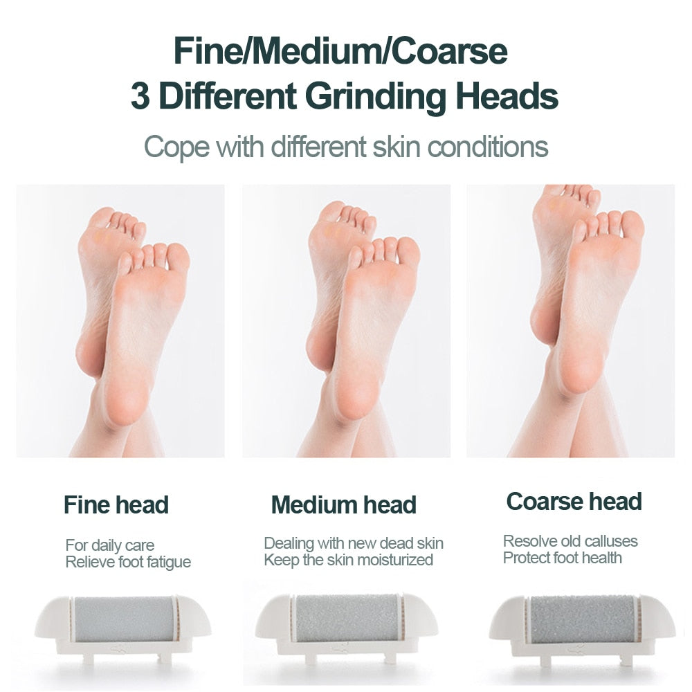 Electric Foot File in Gold color with USB charging cable and grinding heads, designed for effective pedicure and callus removal.