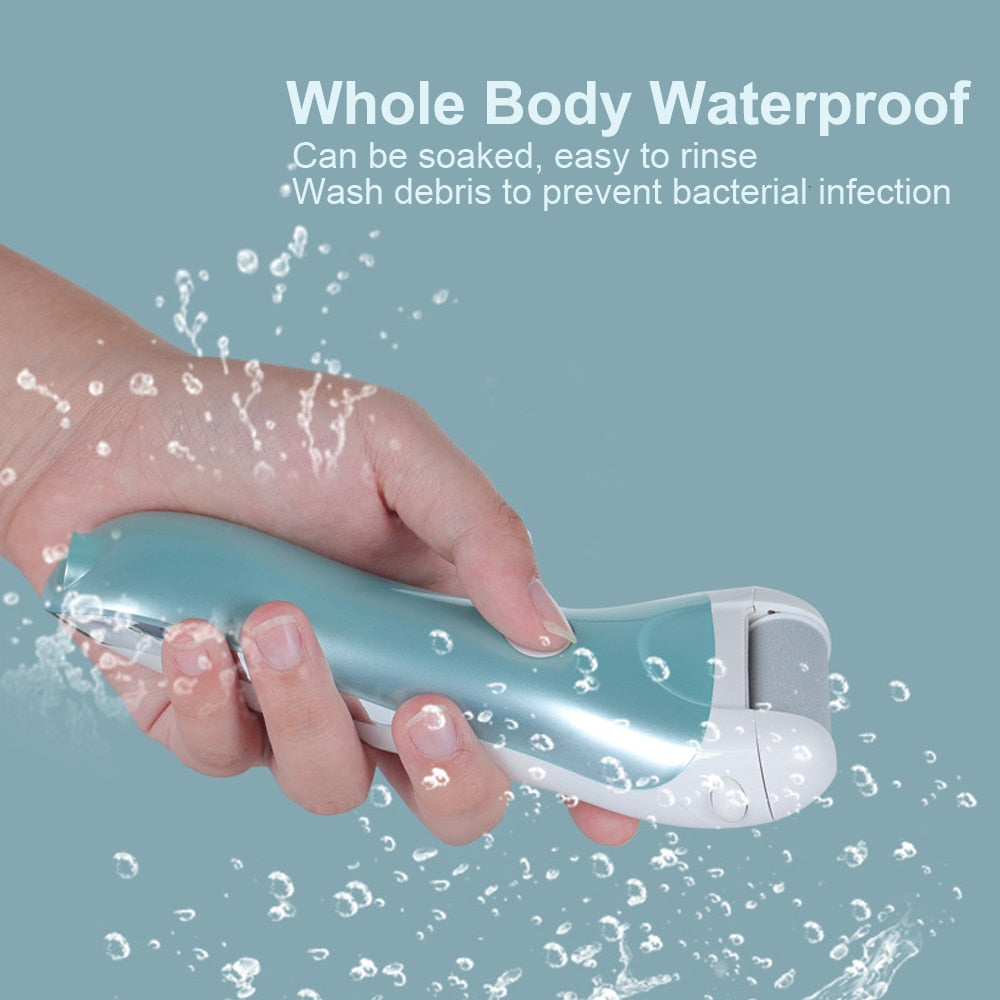 Electric Foot File in Gold color with USB charging cable and grinding heads, designed for effective pedicure and callus removal.