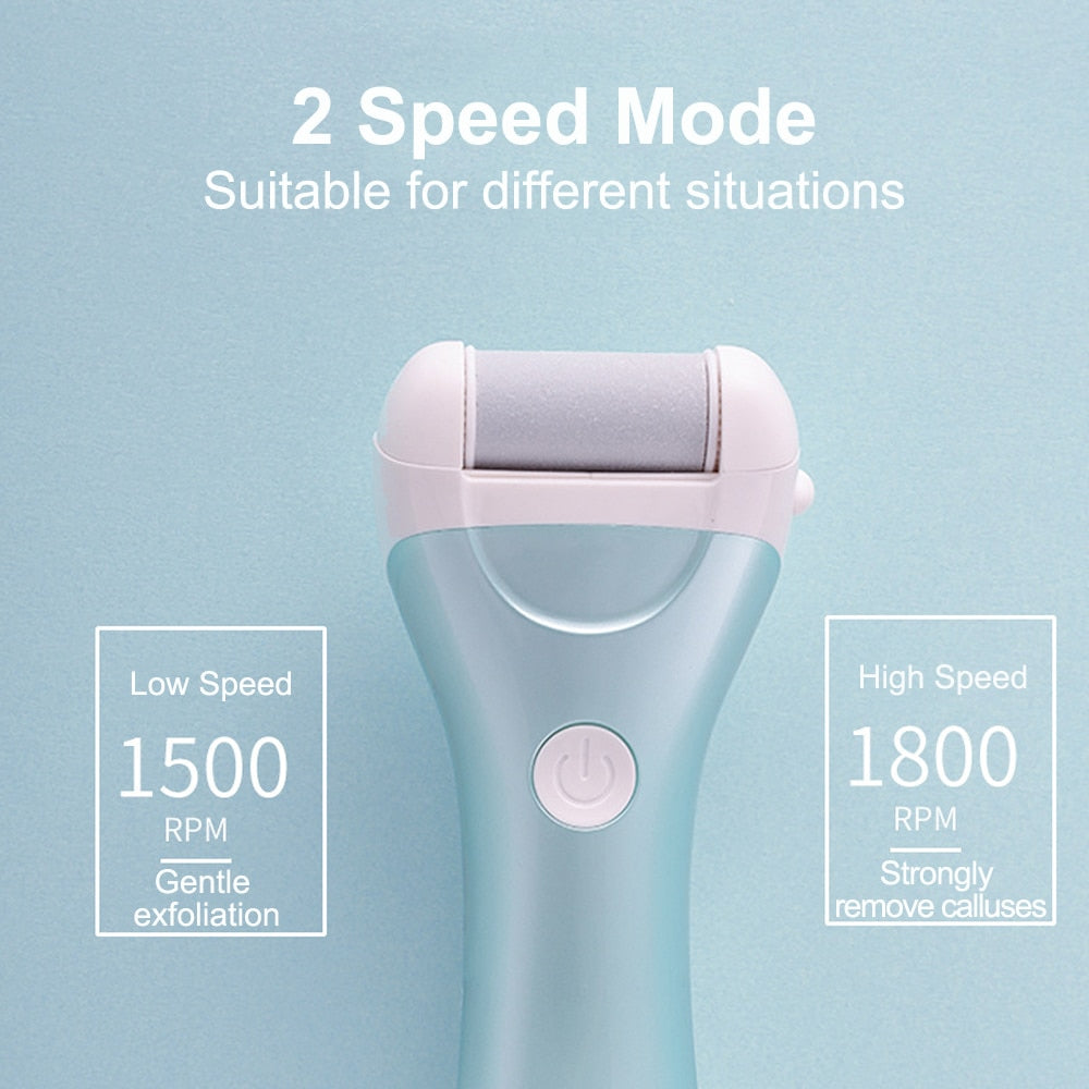 Electric Foot File in Gold color with USB charging cable and grinding heads, designed for effective pedicure and callus removal.