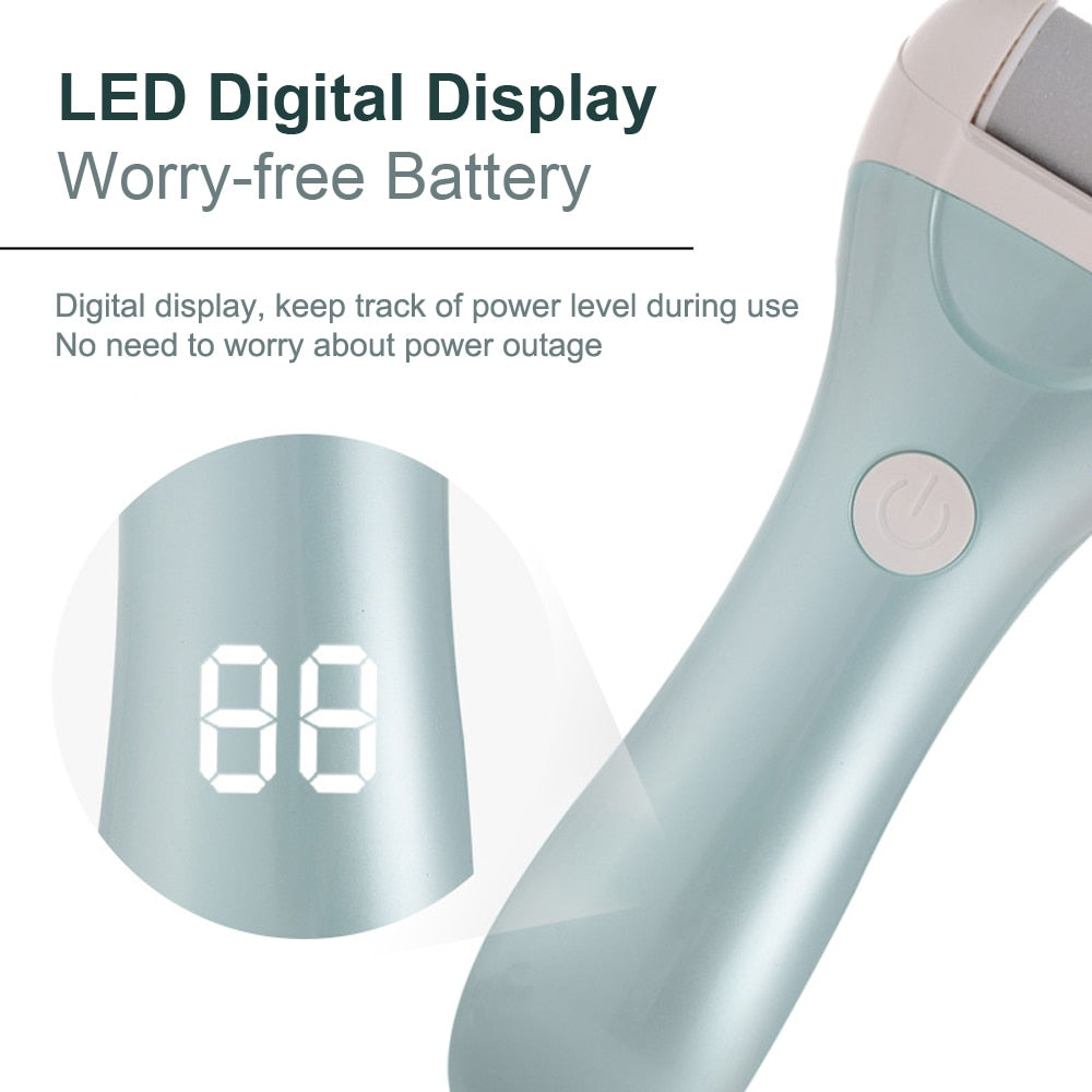 Electric Foot File in Gold color with USB charging cable and grinding heads, designed for effective pedicure and callus removal.