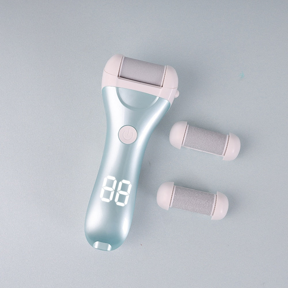 Electric Foot File in Gold color with USB charging cable and grinding heads, designed for effective pedicure and callus removal.