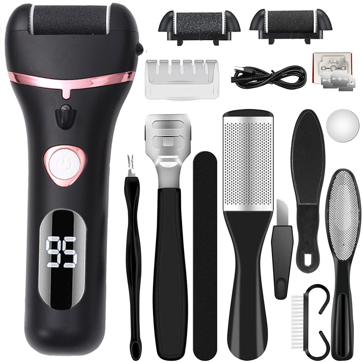 Electric foot file with multiple roller heads for hard skin removal, showcasing its sleek design and LED display.