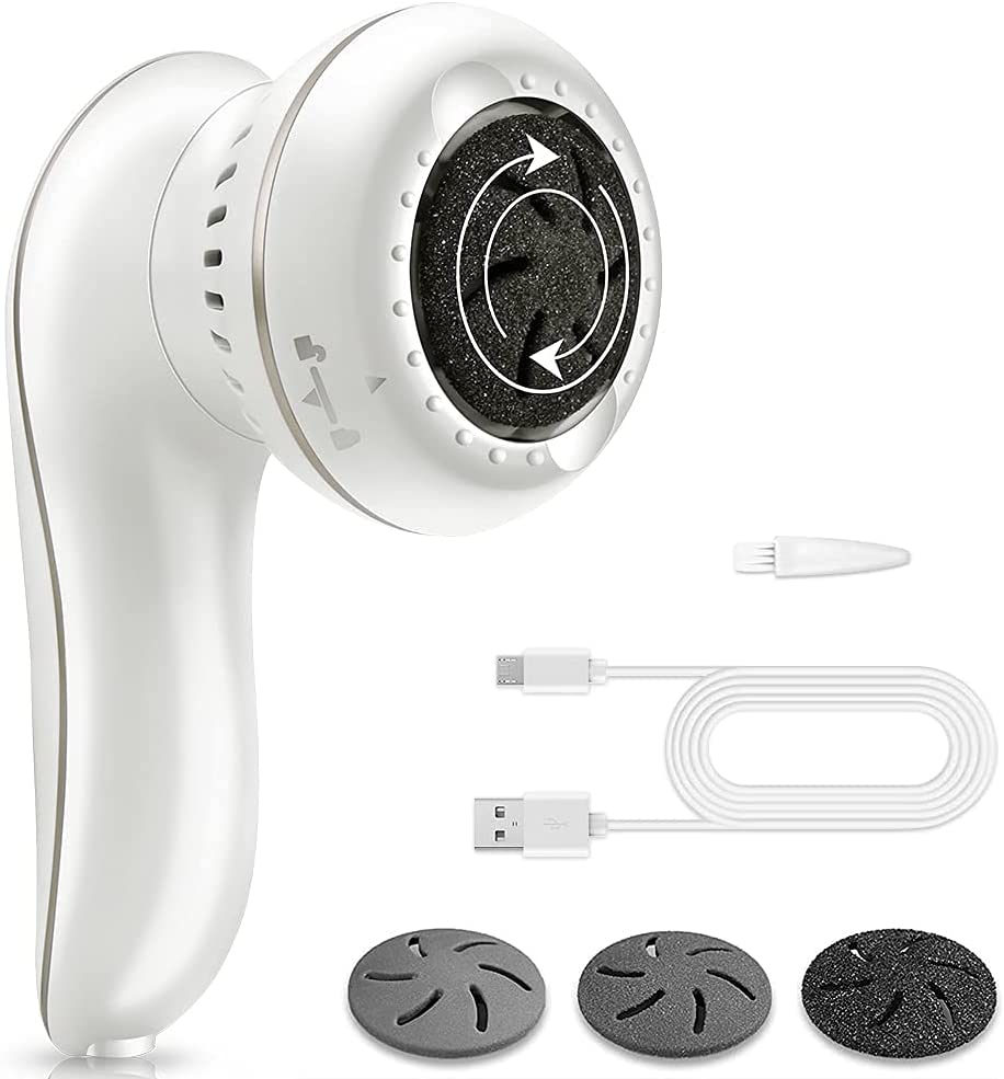 Electric Foot Rasp with USB rechargeable feature, showcasing 3 rollers for different skin types and ergonomic design for easy handling.