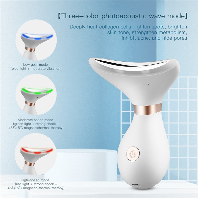 Electric Neck Massager with LED lights for wrinkle removal and skin lifting, featuring ergonomic design and USB charging capability.