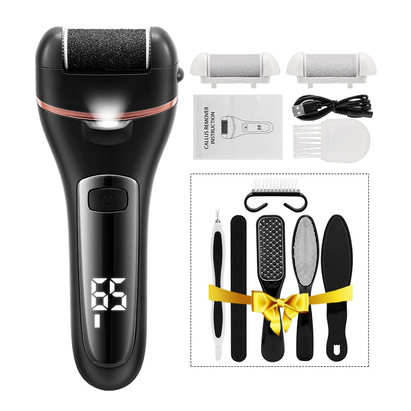 Electric Pedicure Tool with three grinding heads, showcasing its ergonomic design and waterproof feature.