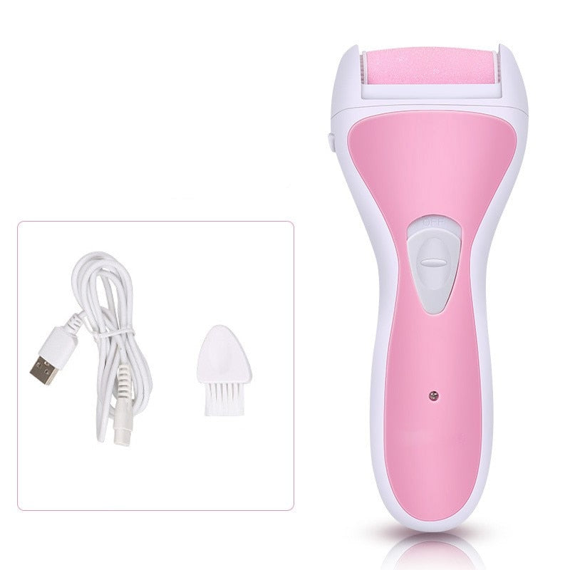 Electric Rechargeable Pedicure Foot Care Tool in pink and purple, featuring removable grinding heads and USB charging capability.