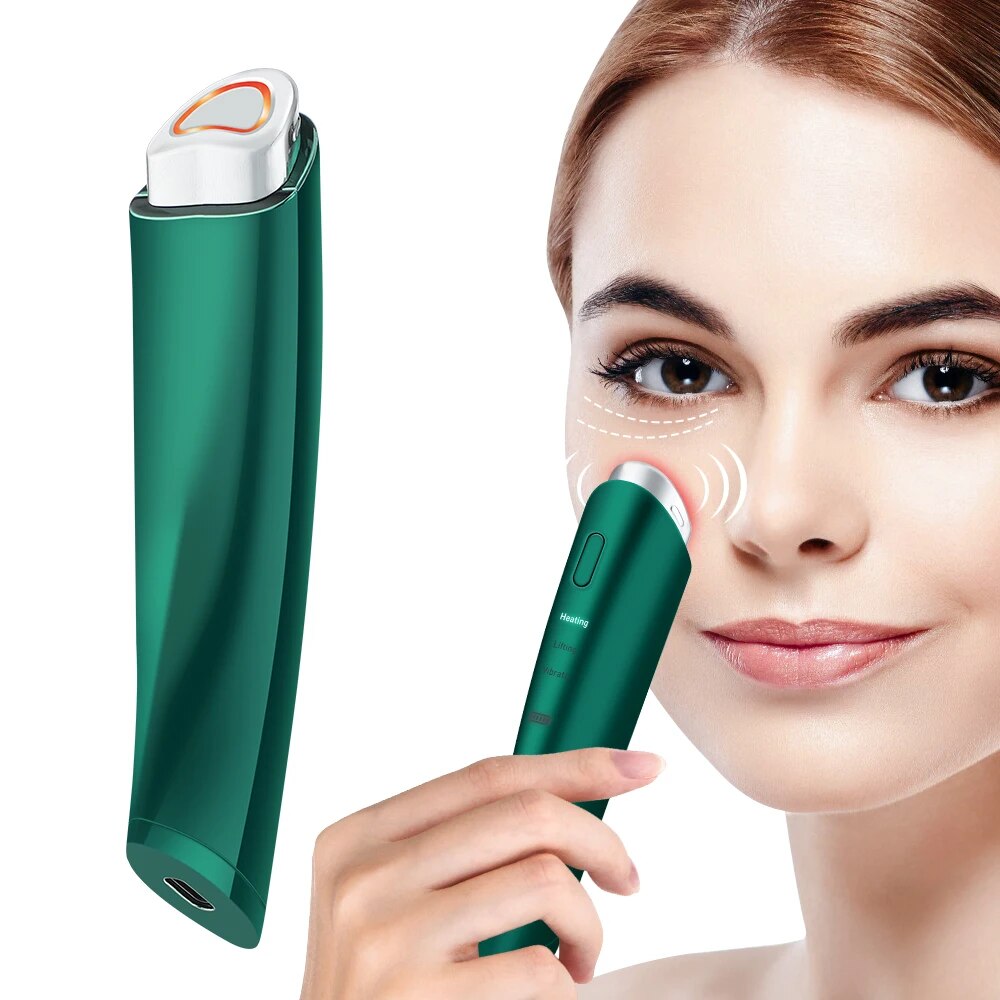 EMS Electric Eye Massager in green color, designed for anti-aging and wrinkle care with USB charging capability.
