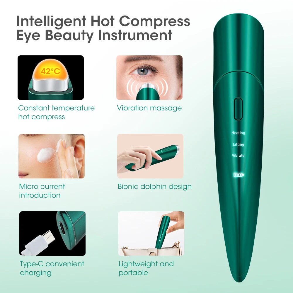 EMS Electric Eye Massager in green color, designed for anti-aging and wrinkle care with USB charging capability.