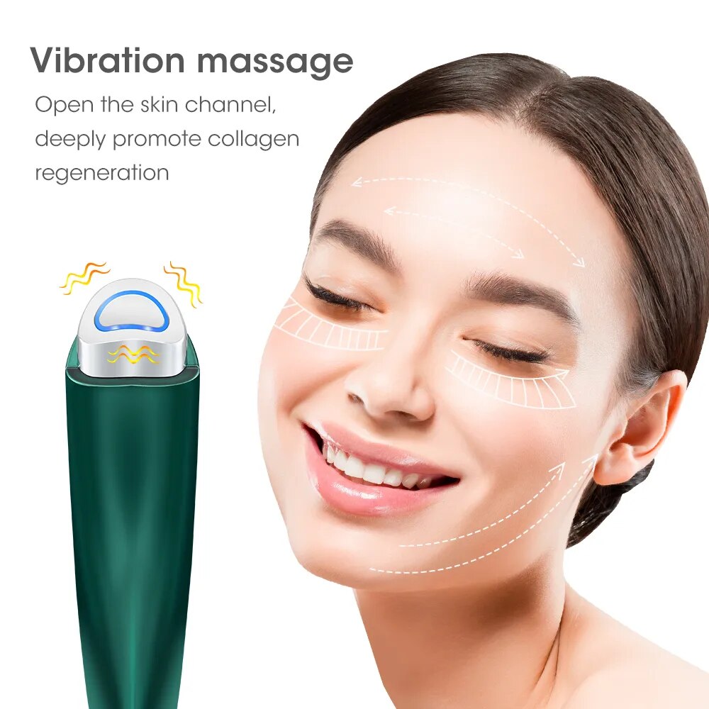 EMS Electric Eye Massager in green color, designed for anti-aging and wrinkle care with USB charging capability.