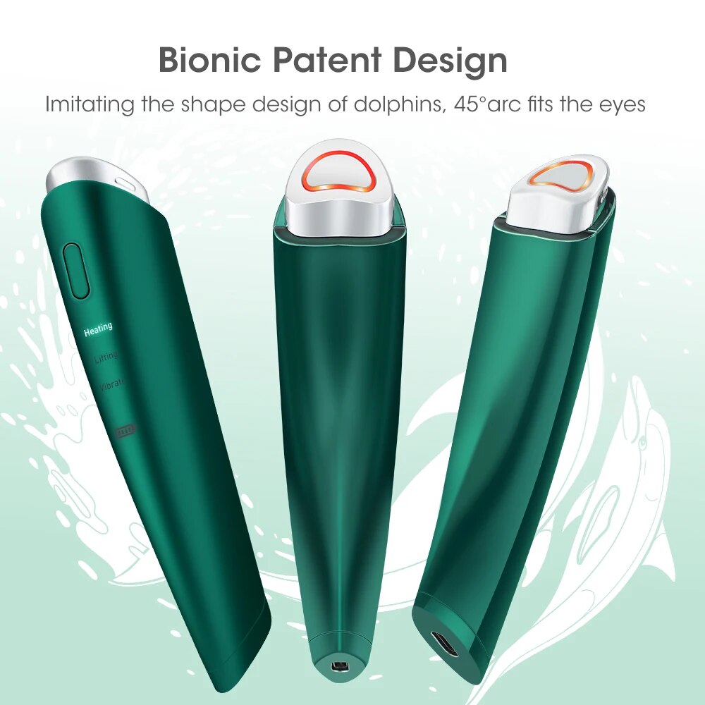 EMS Electric Eye Massager in green color, designed for anti-aging and wrinkle care with USB charging capability.