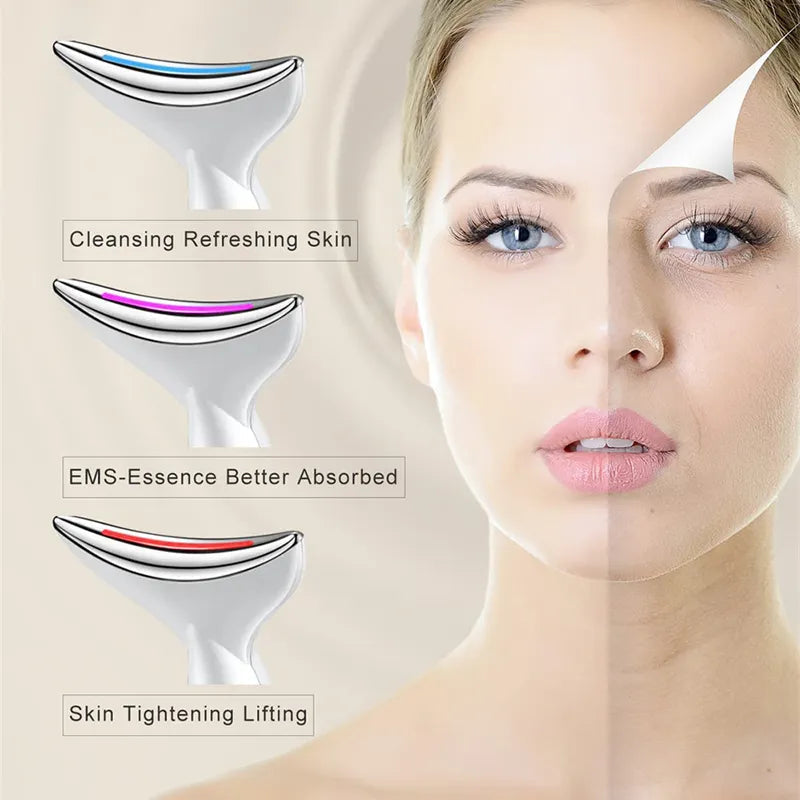 EMS Electric Neck Massager with microcurrent and LED lights for skin firming and wrinkle reduction, designed for facial and neck use.