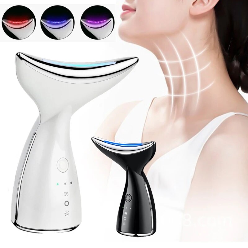 EMS Electric Neck Massager with microcurrent and LED lights for skin firming and wrinkle reduction, designed for facial and neck use.