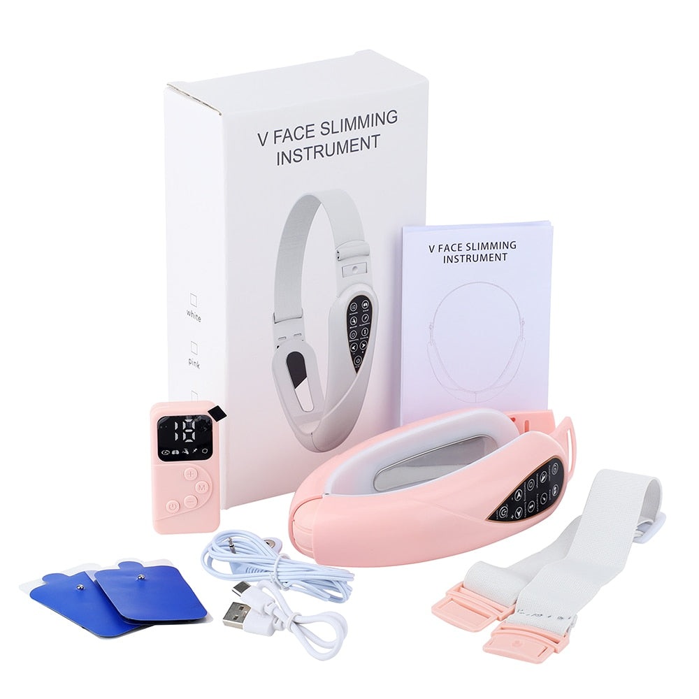 EMS Facial Lifting Device in white and pink, showcasing its sleek design and multifunctional features for facial rejuvenation.