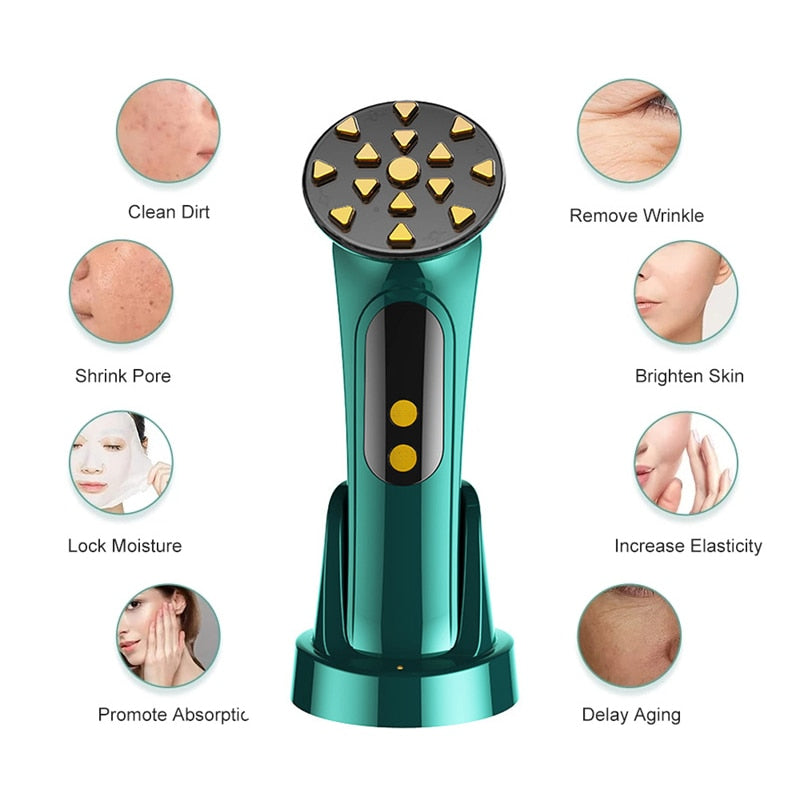 EMS Facial Massager with LED light therapy for anti-aging and wrinkle reduction, showcasing its sleek design and features.