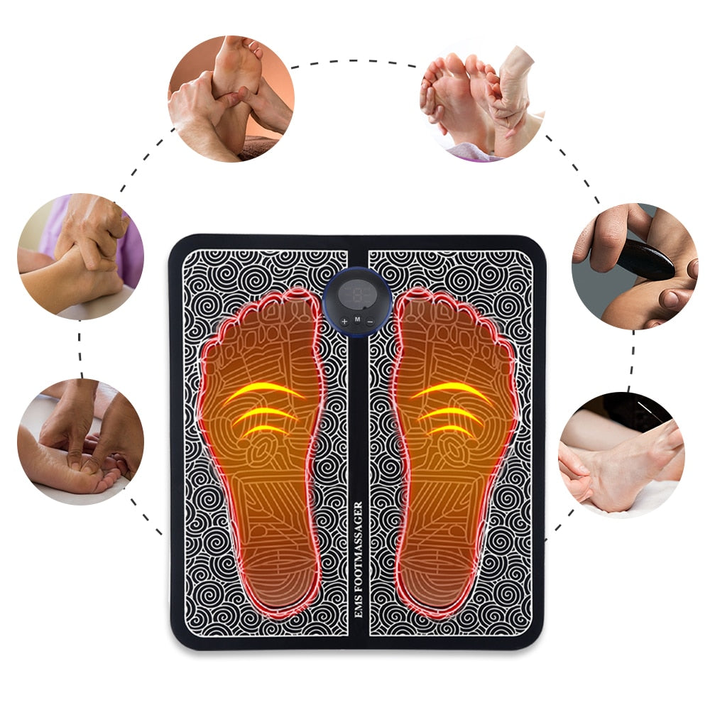 EMS Foot Massage Mat showcasing its sleek black design and compact size, ideal for physiotherapy and relaxation.