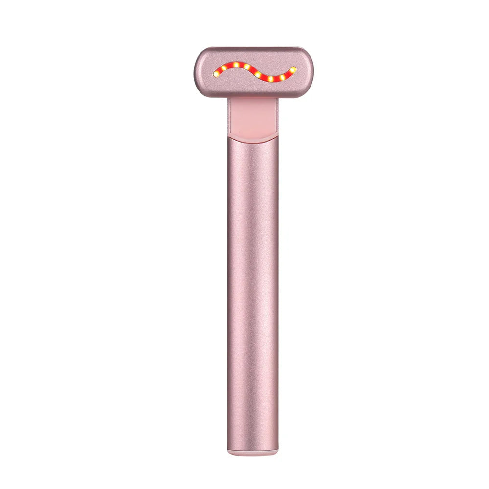 EMS Hot Compress Eye Massager Wand in pink, featuring a rotating metal head and LED lights for rejuvenating eye care.