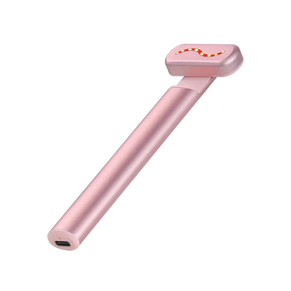 EMS Hot Compress Eye Massager Wand in pink, featuring a rotating metal head and LED lights for rejuvenating eye care.