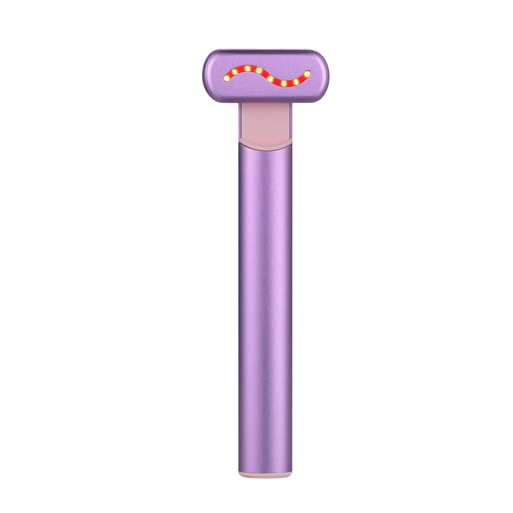 EMS Hot Compress Eye Massager Wand in pink, featuring a rotating metal head and LED lights for rejuvenating eye care.