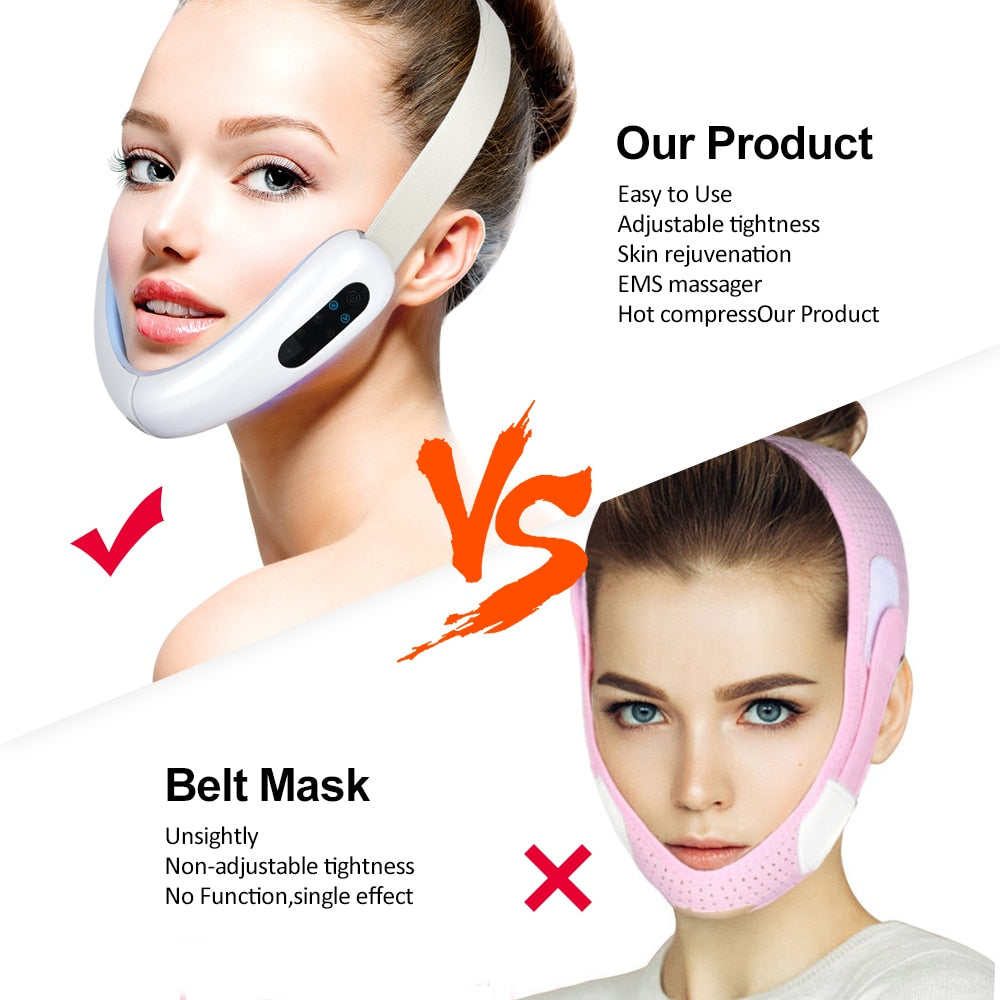 EMS LED Photon Facial Lifting Device showcasing red and blue light treatment features with a sleek design and USB charging capability.