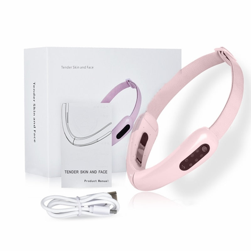 EMS LED Photon Facial Lifting Device showcasing red and blue light treatment features with a sleek design and USB charging capability.