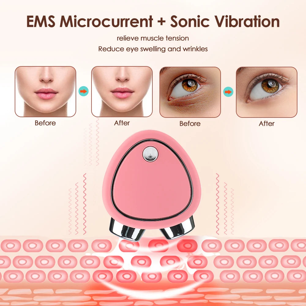 EMS Micro Current Beauty Instrument in pink, featuring dual rollers for facial massage and skin lifting.